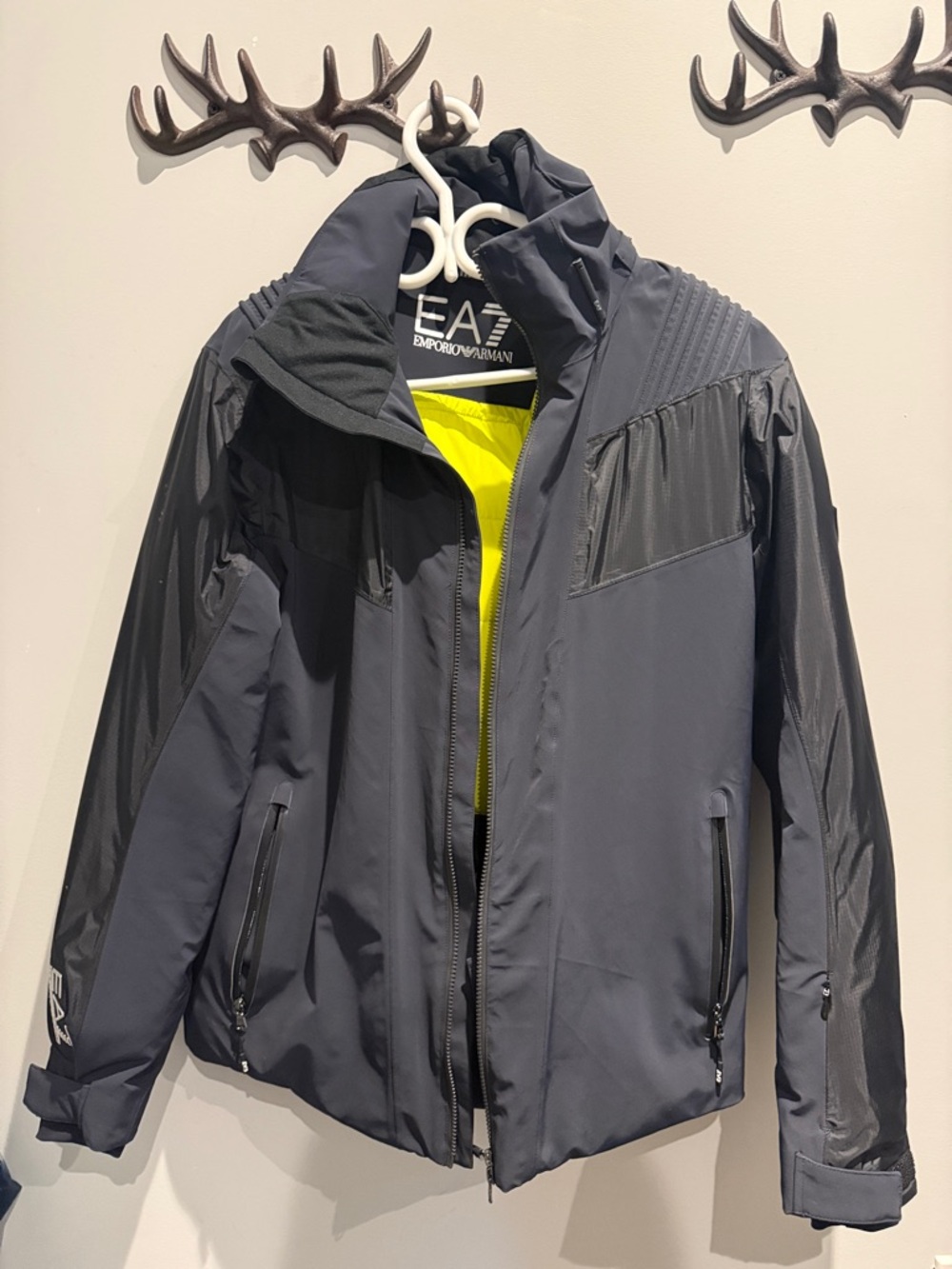 Emporio Armani Men's Dark Gray Ski Jacket with Neon Yellow Lining